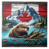 Canadese bever zwemmen in de buurt van rustieke hu tegeltje (Voorkant)