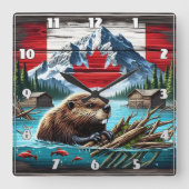 Canadese bever zwemmen in de buurt van rustieke hu vierkante klok (Voorkant)
