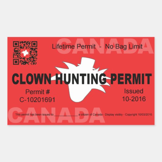 Canadese Clown Jacht Vergunning (4x) Rechthoekige Sticker (Voorkant)