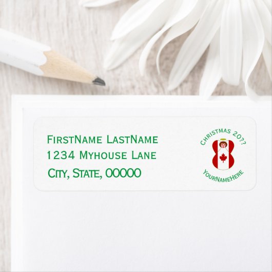 Canadese engel kerstvlag gepersonaliseerd etiket (Insitu)