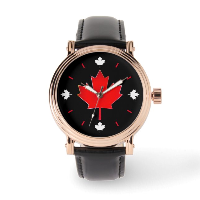 Canadese Esdoornblad op zwart Horloge (Voorkant)