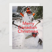 Canadese kerstman van sneeuw met kettingzaag. feestdagenkaart (Voorkant / Achterkant)