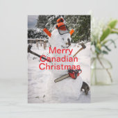 Canadese kerstman van sneeuw met kettingzaag. feestdagenkaart (Staand voorkant)