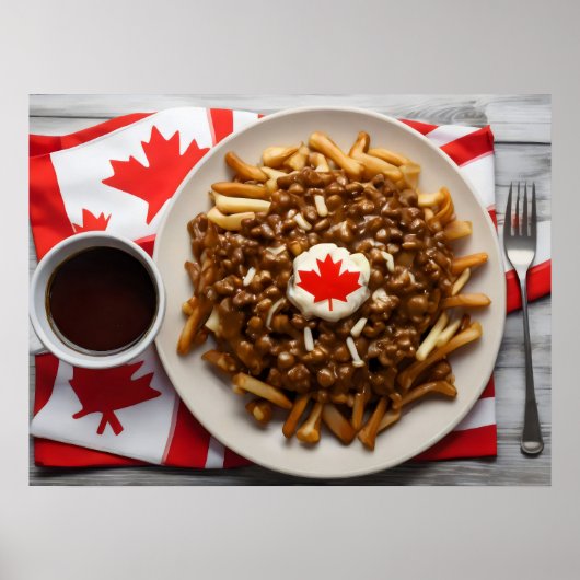 Canadese Poutine met kopje koffie Poster (Voorkant)