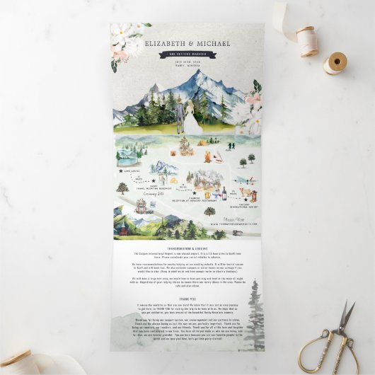 Canadese Rocky Mountains | Geïllustreerde bruiloft Drieluik Uitnodiging (Binnen)