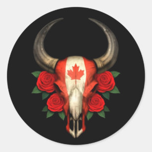 Canadese Vlag Bull Skull met Rode Rozen Ronde Sticker