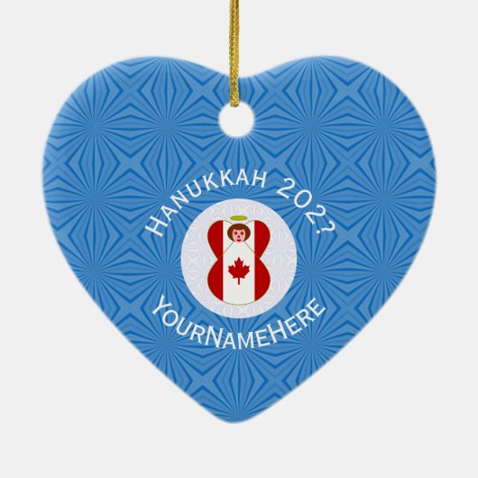 Canadese vlag Hanukkah Angel Naam Jaar Hart Keramisch Ornament (Achterkant)