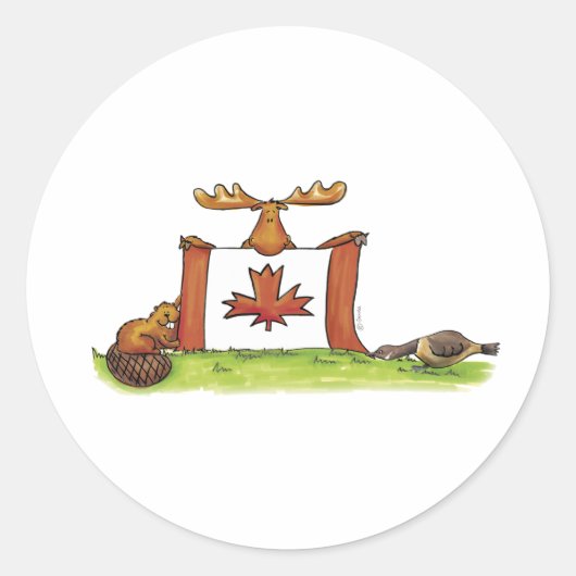 Canadese vlag met mouwen, bever en gans ronde sticker (Voorkant)