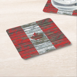 Canadese vlag op het effect van ruw houten plank kartonnen onderzetters