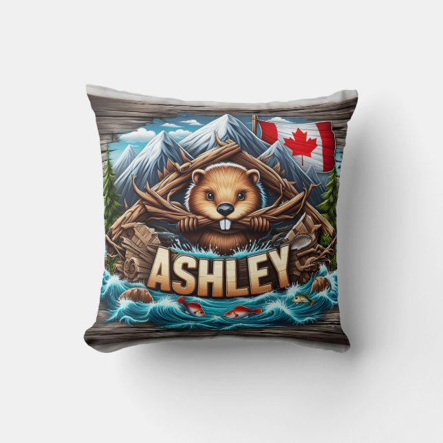 Canadian Beaver Holding Branches beroemd gemaakt d Kussen (Voorkant)
