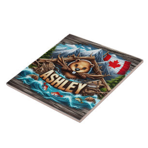 Canadian Beaver Holding Branches beroemd gemaakt d Tegeltje