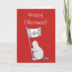 Canadian Christmas Kaart Beaver Maple-leaf Flag