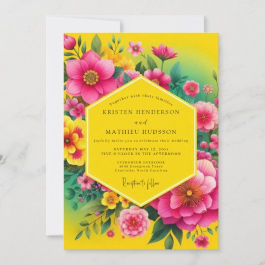Canary Fuchsia Flora Wedding Kaart (Voorkant)