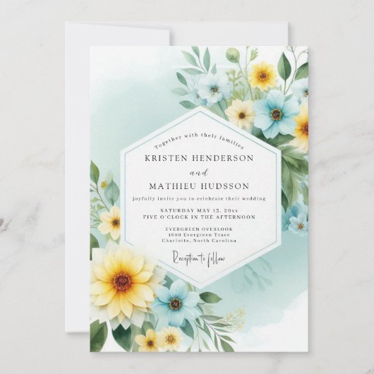Canary Teal Painterly Flora Wedding Kaart (Voorkant)