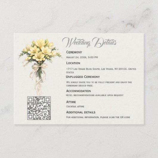 Canary Yellow Romantic Freesia  Floral Wedding Informatiekaartje (Voorkant)