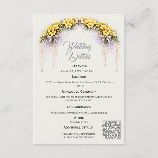 Canary Yellow Romantic Freesia  Floral Wedding Informatiekaartje (Voorkant)