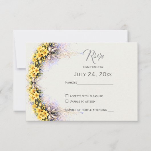 Canary Yellow Romantic Freesia  Floral Wedding RSVP Kaartje (Voorkant)