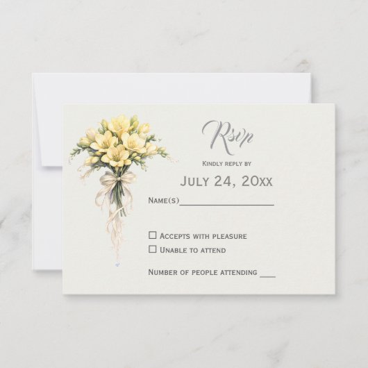 Canary Yellow Romantic Freesia  Floral Wedding RSVP Kaartje (Voorkant)