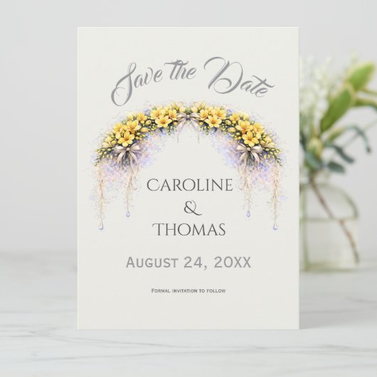 Canary Yellow Romantic Freesia  Floral Wedding Save The Date (Staand voorkant)