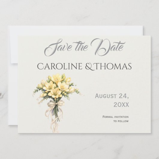 Canary Yellow Romantic Freesia  Floral Wedding Save The Date (Voorkant)