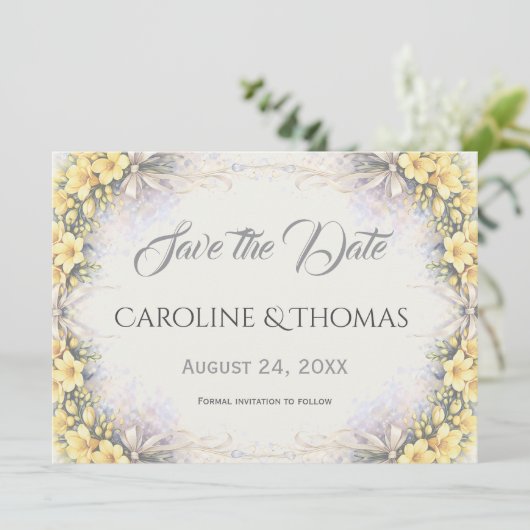 Canary Yellow Romantic Freesia  Floral Wedding Save The Date (Staand voorkant)