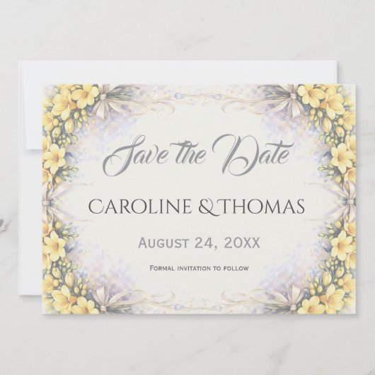 Canary Yellow Romantic Freesia  Floral Wedding Save The Date (Voorkant)