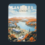 Canberra Australia Travel Art Vintage Magneet<br><div class="desc">Canberra retro vector reisontwerp in een embleemstijl. Canberra is de hoofdstad van Australië,  landinwaarts vanaf de zuidoostkust van het land. Omringd door bos-,  akker- en natuur reserves,  verdient het zijn bijnaam,  de "Struik Capital".</div>