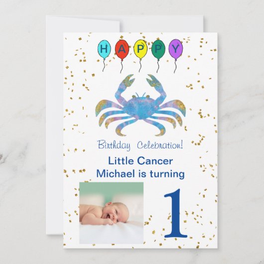 Cancer First Birthday Gold & Balloons & Zodia Sign Kaart (Voorkant)