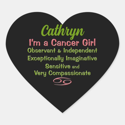 Cancer Girl Personalized Zodiac Hart Sticker (Voorkant)