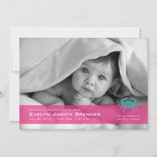 Cancerian the Crab Photo Birth Announcement Kaart (Voorkant)