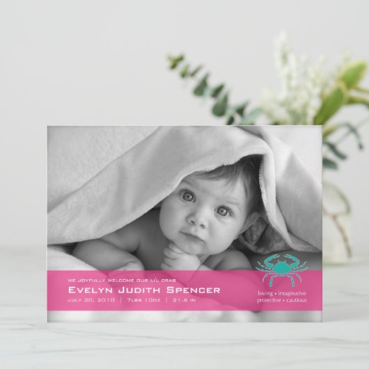 Cancerian the Crab Photo Birth Announcement Kaart (Staand voorkant)