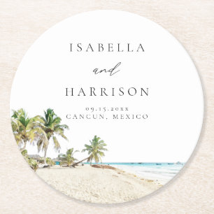 CANCUN Aquarel Strand Palmboom Bestemming Ronde Kartonnen Onderzetter