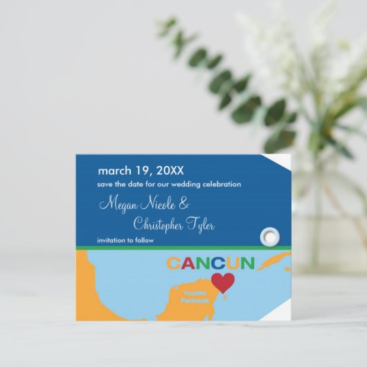 Cancun Bagage Label Save the Date Aankondiging (Staand voorkant)