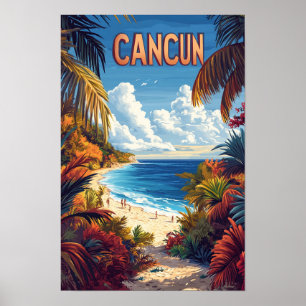 Cancun Beach Mexico Vintage Illustratie Reizen Poster