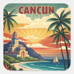 Cancun Beach Mexico Vintage Reizen Vierkante Sticker