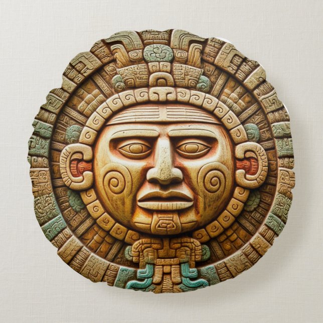Cancun Maya Sun God Mexico Reizen Rond Kussen (Voorkant)