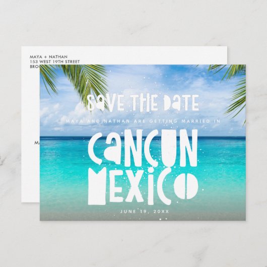 Cancun Mexico Beach Bruiloft Save the Date Aankondigingskaart (Voorkant / Achterkant)