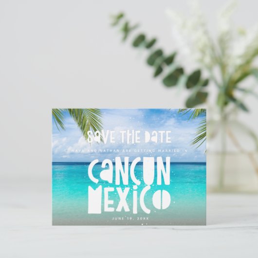 Cancun Mexico Beach Bruiloft Save the Date Aankondigingskaart (Staand voorkant)
