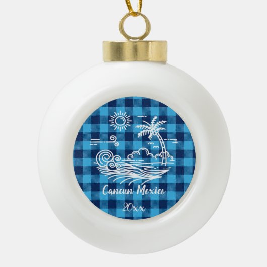 Cancun Mexico Blue Buffalo Check Kerstmis Keramische Bal Ornament (Voorkant)