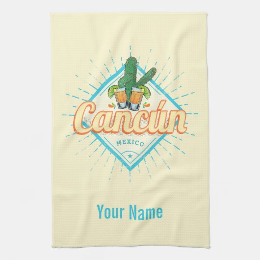 Cancun Mexico Dansende Cactus Vintage Tequila Theedoek (Verticaal)