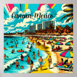 Cancun, Mexico met een Pop Art Vibe Poster<br><div class="desc">Pop art stripverhaal stijl kunstscène van een strand met een  vibes. AI Art toont mensen die plezier hebben op de strandkust met hotels en appartementen gebouwen op de achtergrond,   palmbomen,  kleurrijke parasols en een prachtige blauwe bewolkte lucht in Cancun,  Mexico.</div>