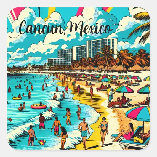 Cancun, Mexico met een Pop Art Vibe Vierkante Sticker (Voorkant)