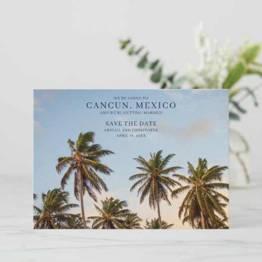 Cancun Mexico Palm Tree Beach Bewaar de data Aankondiging (Staand voorkant)