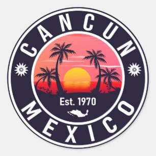 Cancun Mexico Palm Tree Vintage Travel Souvenir Ronde Sticker
