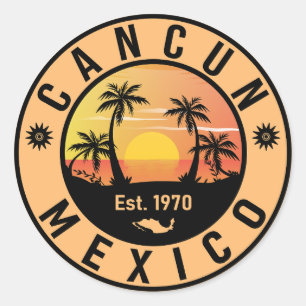 Cancun Mexico Palm Tree Vintage Travel Souvenir Ronde Sticker