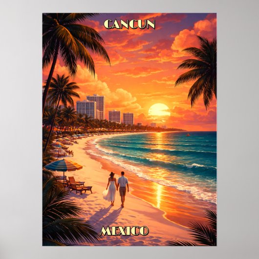 Cancun, Mexico Retro Art Deco Kleur Toerisme Poster (Voorkant)