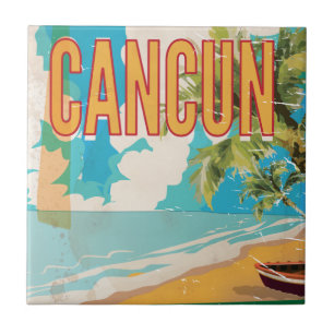 Cancun Mexico Strand Vintage reisposter print Tegeltje