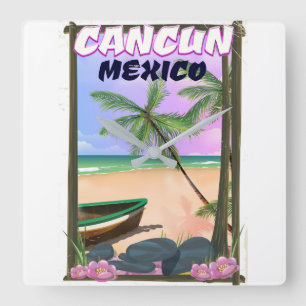 Cancun Mexico strandposter. Vierkante Klok