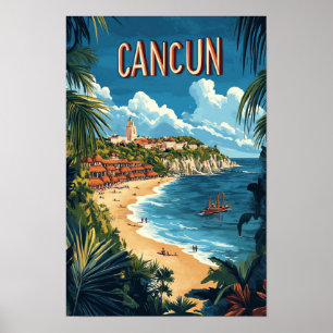 Cancun Mexico Vintage Illustratie Reizen Poster