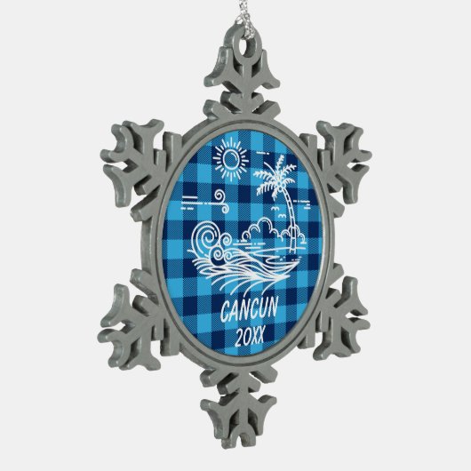 Cancun op Blue Buffalo Check Kerstmis Tin Sneeuwvlok Ornament (Links)